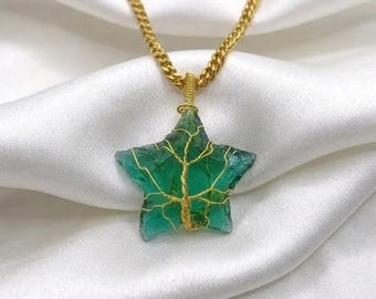 Green Obsidian Star Pendant | 35Ct Tree of Life Wire Wrapped Crystal Jewellery | Handmade Healing Gemstone for  Emotional Balance |