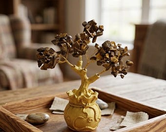Natural Tiger Eye Gemstone Tree, Feng Shui High Quality Crystal Money Tree in Golden Pot, Positive Energy Home Office Decor