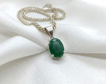 Emerald Oval Pendant Necklace | 10–15Ct Dark Green Gem in Sterling Silver | Chakra Heart Healing Crystal | May Birthday Gift Jewellery