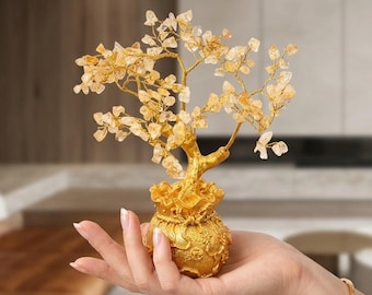Handmade Yellow Citrine Gemstone Tree, Feng Shui Prosperity Tree in Gold Pot, Solar Plexus Chakra Crystal Decor, Luxury Spiritual Gift