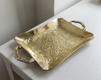 Brass Serving Tray with Handles, Vintage Gold Engraved Decorative Tray, Coffee Table Centerpiece, Luxury Home Decor, Housewarming Gift