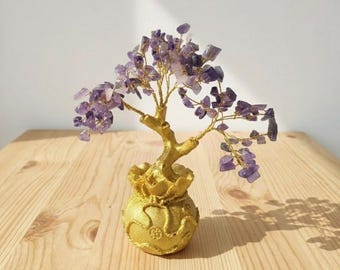 Amethyst Crystal Tree Sculpture in Gold Pot, Handmade Gemstone Bonsai, Feng Shui Prosperity Tree, Meditation Room Decor, Spiritual Gift Idea