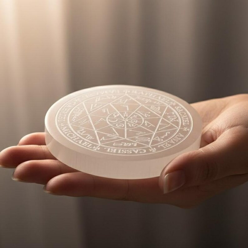 Selenite Disc with Archangel Symbols | Reiki Energy Plate for Protection & Cleansing | Chakra Tool for Meditation and Spiritual Focus | Metaphysical Gift