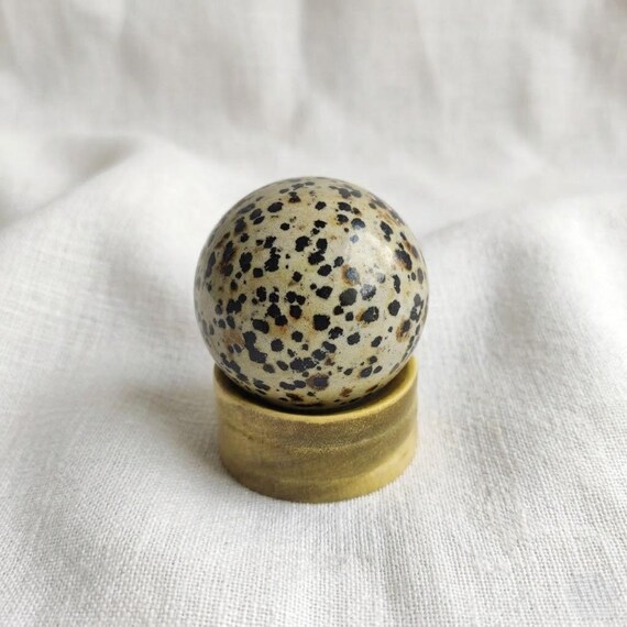 Dalmatian Jasper Certified Orb Sphere with Wooden Stand, Healing Crystal Ball for Positive Energy, Reiki Decor, Yoga Studio Accent