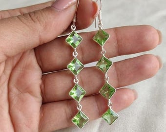 Handgefertigte Lange Grün Peridot Tropfen Ohrringe - Sterling Silber Edelstein Schmuck - Heilende Kristall Ohrringe für Frauen Geschenk
