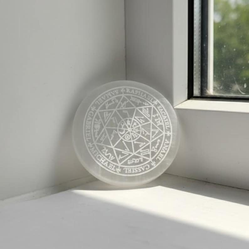 Selenite Charging Grid with Angel Invocations | Handmade Crystal Energy Plate | Protection Sigil Disc for Mindfulness Ritual, Reiki, or Yoga