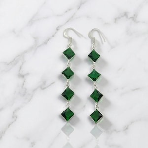 Green Crystal Emerald Earrings – Sterling Silver Handmade Dangle – Long Statement Earrings – Unique May Birthstone Jewelry – Healing Gift for Women