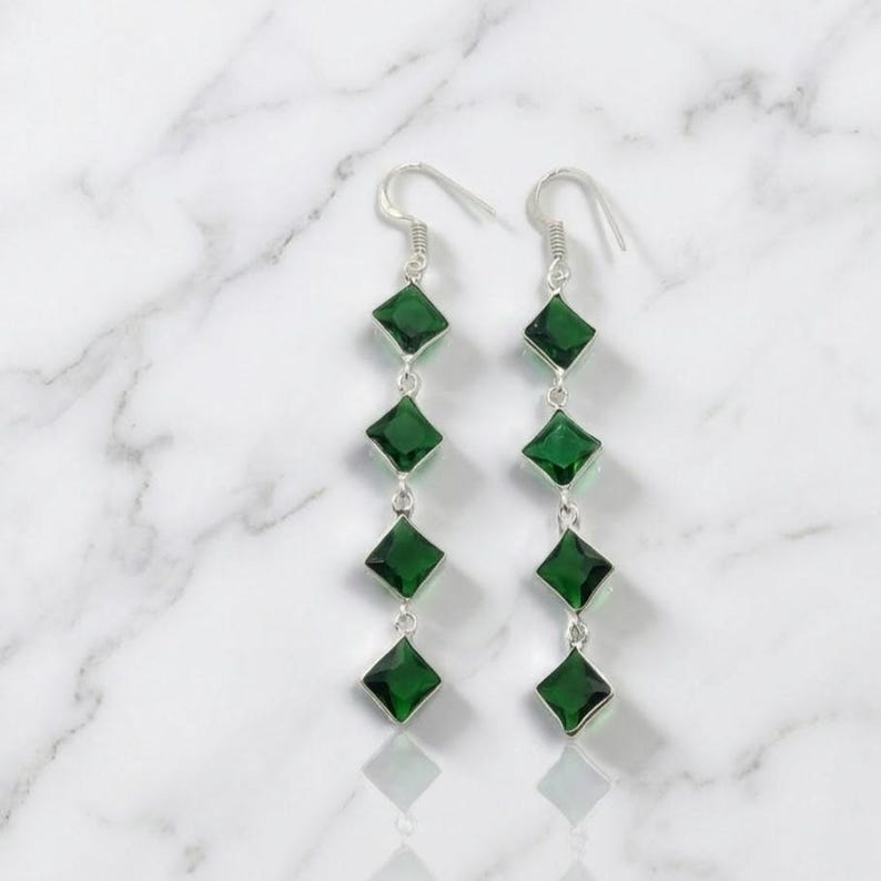 Green Crystal Emerald Earrings – Sterling Silver Handmade Dangle – Long Statement Earrings – Unique May Birthstone Jewelry – Healing Gift for Women
