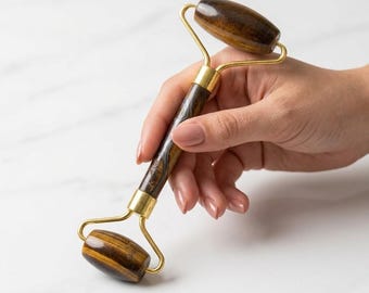 Tiger’s Eye Crystal Face Roller | Natural Confidence Stone for Skincare, Puffiness & Wrinkle Reduction | Dual-Head Massage Beauty Tool |