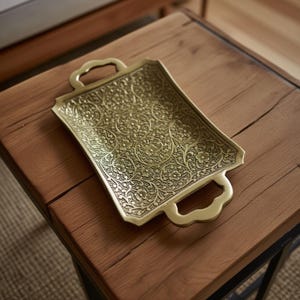 Wedding gift brass dish with hand-carved Indian patterns