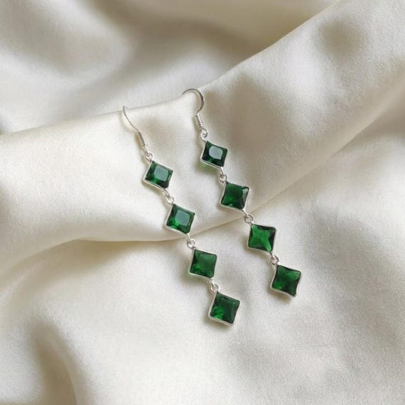 Natural Green Emerald Earrings – Handmade Sterling Silver Dangle Earrings – May Birthstone Jeweller – Long Boho Green Crystal Drops
