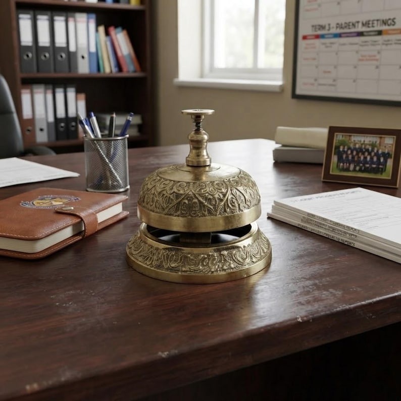 Vintage brass counter bell designed for restaurants, cafes and hotels, sturdy tabletop bell with clear ringing sound and classic look.