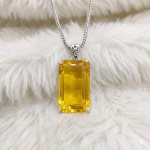 Premium Yellow Citrine Pendant Necklace | 100–110Ct Emerald Cut Gemstone | Sterling Silver Chain | Chakra Healing Jewellery