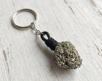 Raw Pyrite Crystal Keychain | Wire Wrapped Healing Stone Keyring