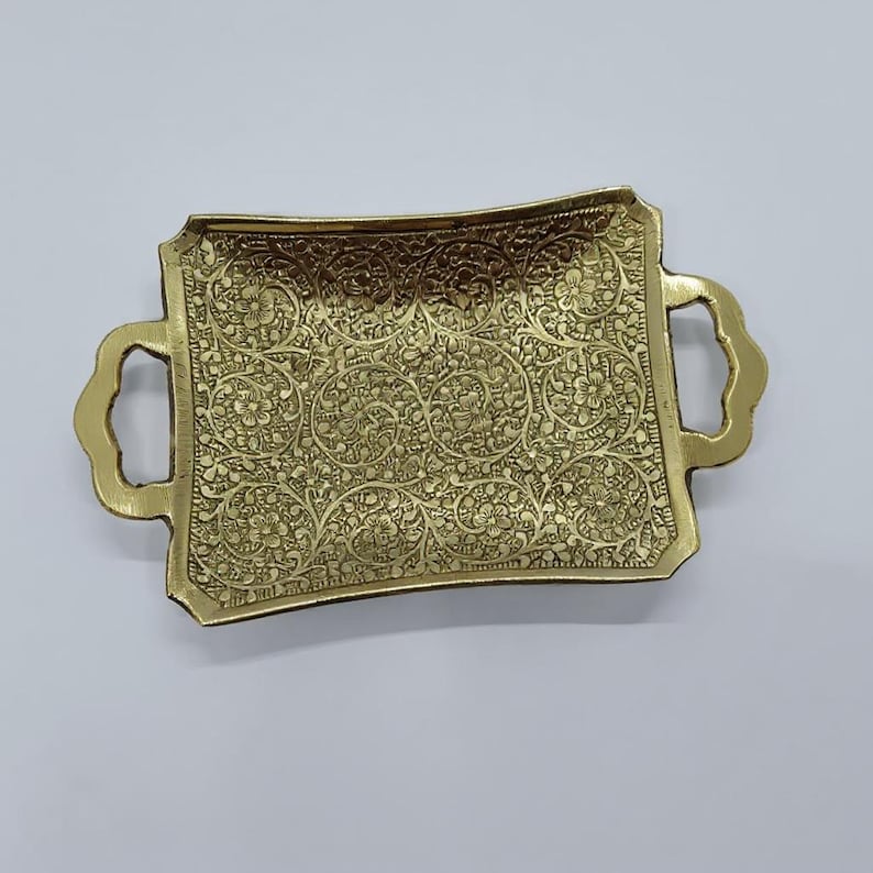 Handmade Indian brass tray with floral engraving and gold polish