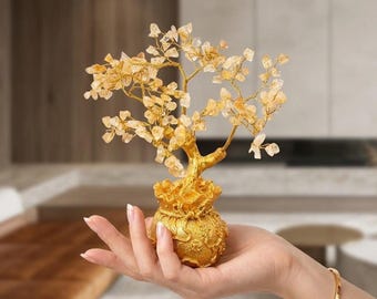 Citrine Tree with Yellow Gemstone Chips, Gold Pot Feng Shui Decor