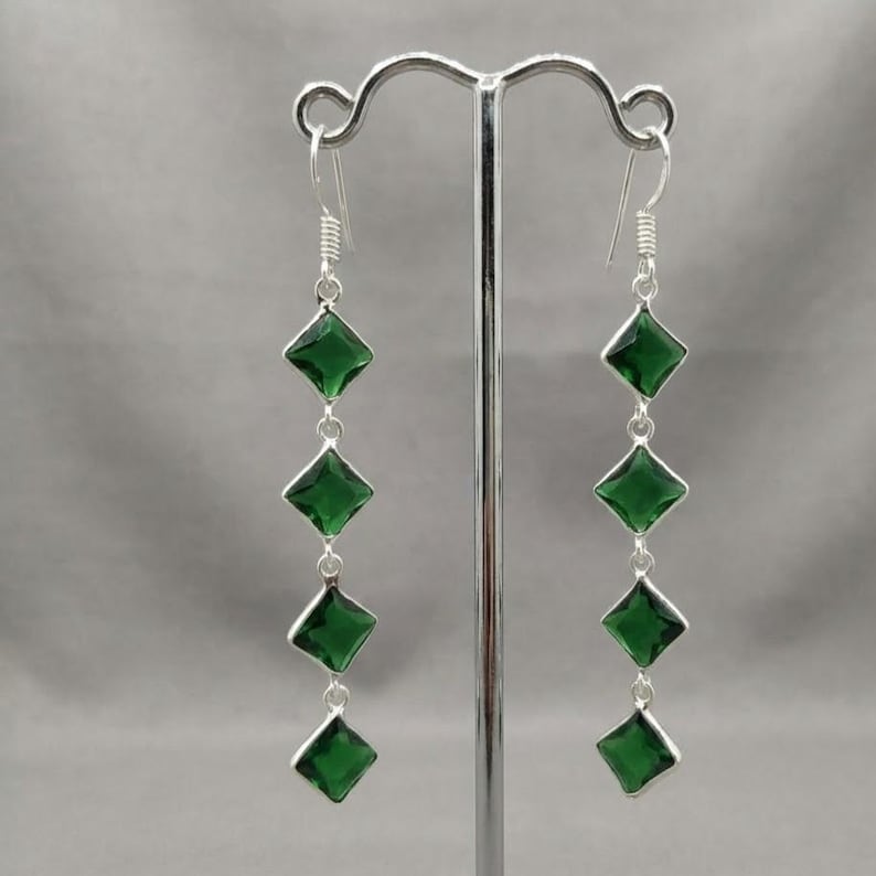 Sterling Silver Emerald Earrings – Handmade Long Green Gemstone Drops – May Birthstone Gift Jewelry – Bohemian Dangle Earrings – Healing Energy Jewelry