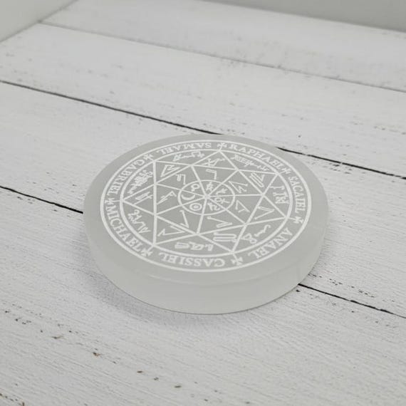 Selenite Charging Plate with Archangel Sigils | Angel Invocation Crystal Disc | Reiki Chakra Healing Tool | Energy Cleansing Plate