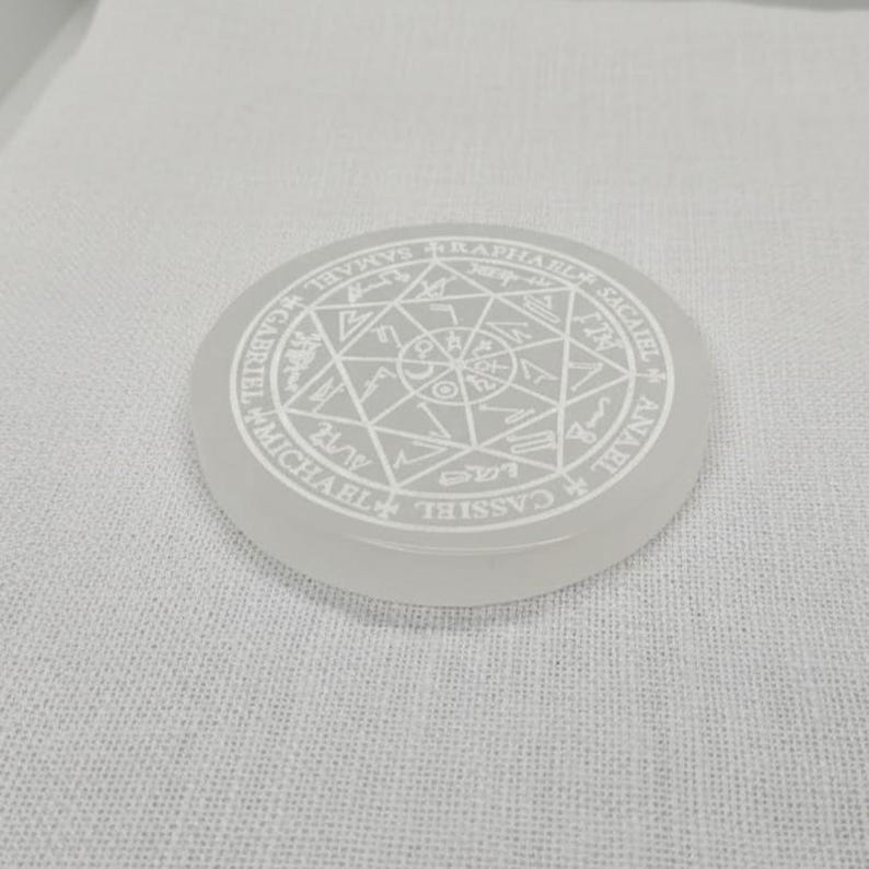 Archangel Sigil Selenite Energy Disc | 2.5" Chakra Charging Plate | Reiki Crystal Healing Grid | Spirit Protection Tool for Meditation & Focus