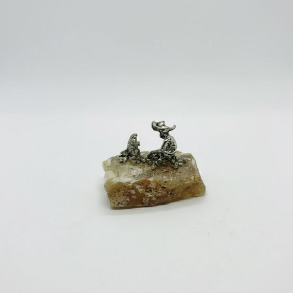 Cowboy Figurine on Yellow Calcite With Pyrite Cluster | Handmade Crystal Sculpture | Natural Stone Desk Decor| Healing Energy Gift for Focus