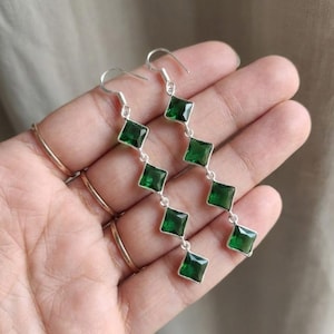 Healing Emerald Earrings – Sterling Silver Long Drop – Green Crystal Jewelry – May Birthstone Earrings – Handmade Gift for Her – Natural Gemstone Dangles