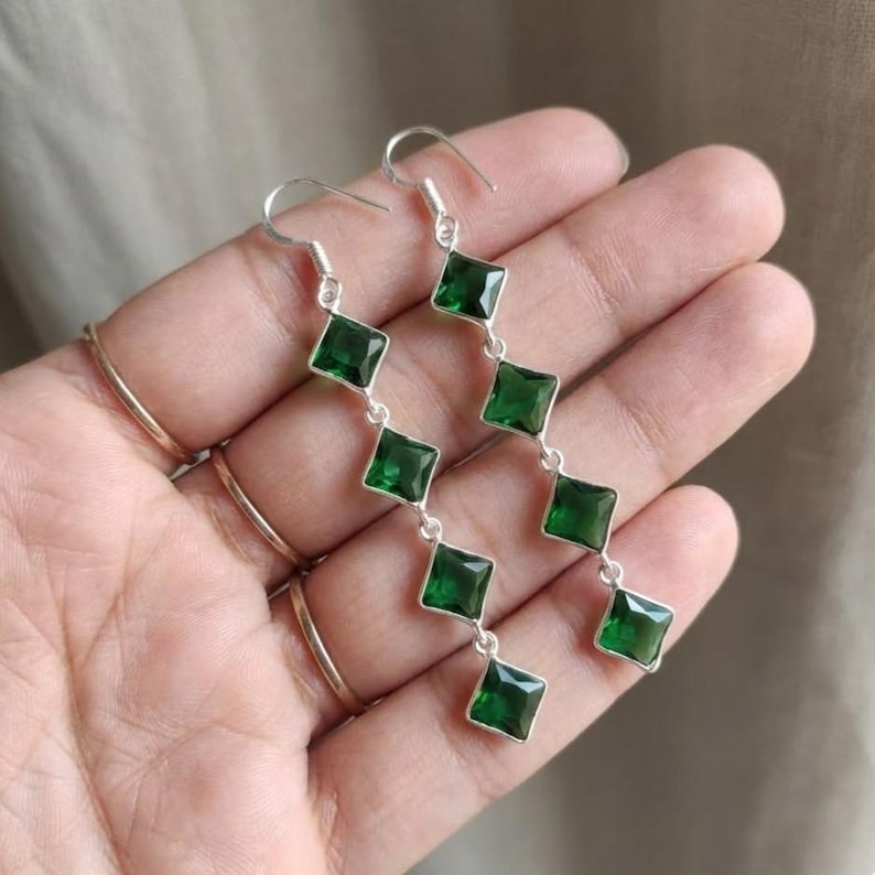 Healing Emerald Earrings – Sterling Silver Long Drop – Green Crystal Jewelry – May Birthstone Earrings – Handmade Gift for Her – Natural Gemstone Dangles