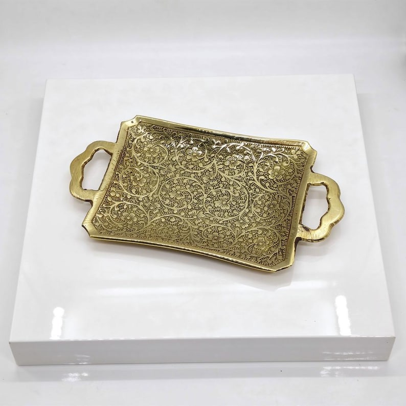 Antique-style rectangular brass serving platter with handles
