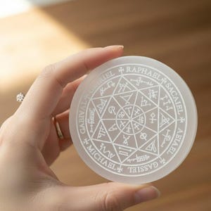 Crystal Charging Plate with Archangel Names | Selenite Reiki Grid Disc | Angel Sigil Meditation Tool for Energy Healing & Chakra Alignment | Altar Decor Gift