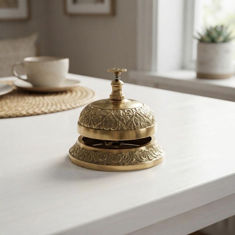 Decorative brass reception bell with antique finish and engraved design, stylish service bell for reception counter or retail shop.