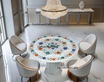 Round Marble Inlay Dining Table | Pietra Dura Floral Medallion