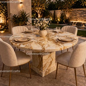 Puede incluir: Una mesa de comedor redonda de mármol con base de pedestal, rodeada de cuatro sillas tapizadas. La mesa está puesta con platos, vasos y un jarrón de flores. Las sillas tienen patas doradas. La superficie de la mesa tiene un patrón de mármol dorado y blanco.