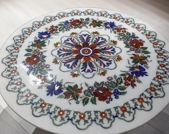 Luxury Mughal Design Home Décor, Round White Marble Floral Inlay Table Top | Colorful Semi-Precious Stone Inlay Coffee Table |