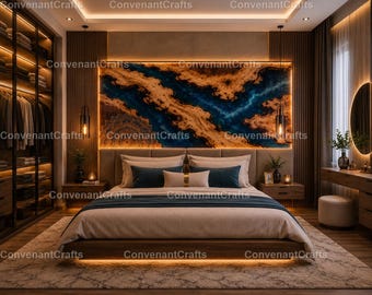 Live Edge Wood Epoxy River Headboard | Blue Resin Wall Art, Luxury Bedroom Decor