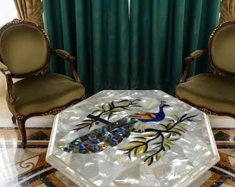 Pfau Marmor Inlay Tisch | Achteckiger Perlmutt-Tabletop | Halbedler Couchtisch Luxus Peacock Design Marmortisch |