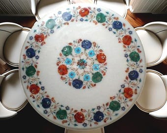 Luxury Round White Marble Inlay Table with Floral Design | Handcrafted Pietra Dura Art Furniture Living Room Dinnig Coffee Accent Tabletop |