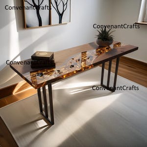 Mesa de entrada de madera con borde natural / Mesa de entrada artesanal de resina y madera de acacia, Mesa consola River de epoxi ámbar dorado / Mesa de lujo moderna