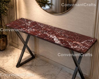 Consolle in noce con bordo naturale e finitura in resina epossidica rossa / Piano del tavolo in legno lavorato a mano con effetto fiume / Tavolo moderno / Mobili in legno di lusso / Consolle personalizzata con finitura in resina epossidica