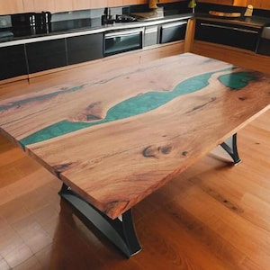 Handmade Green Epoxy River Table Top: Live Edge Resin Wood Dining TableCustom Wood and Resin Coffee Table | Handmade Modern Luxury Desk