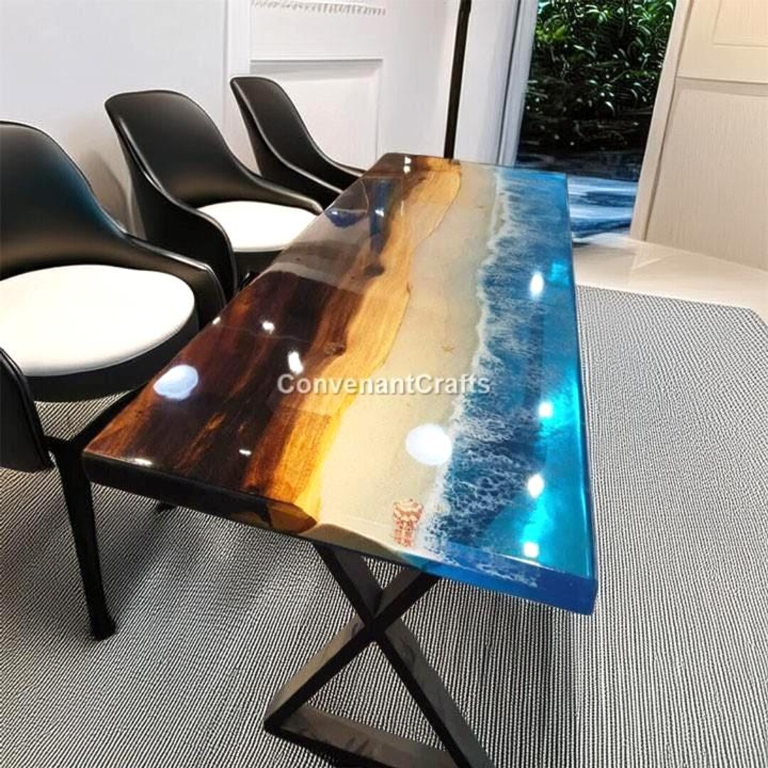 Blue Epoxy Ocean Table – Resin Art Dining Table With Shoreline Effect ...
