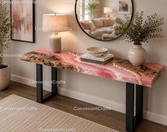 Pink & White Epoxy River Console Table Blush Pink Epoxy Console Table | White Resin Live Edge Wood Table epoxy resin and wood console table