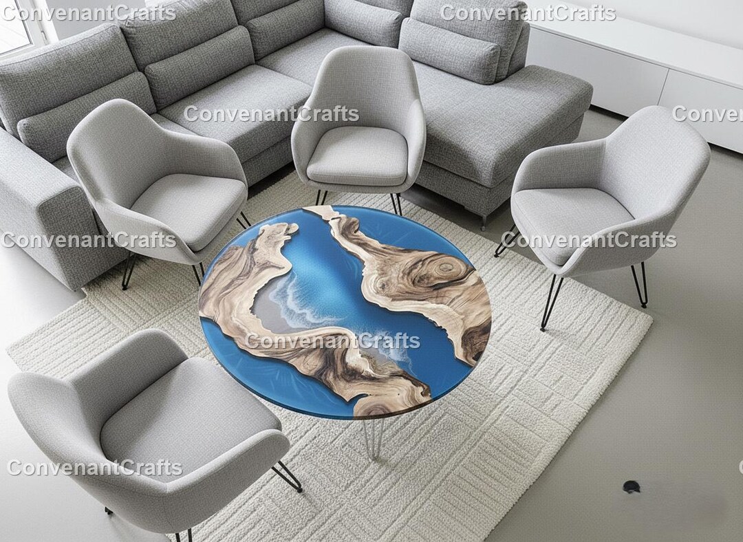 Round Blue Epoxy River Coffee Table Handmade Round Ocean Epoxy Table ...