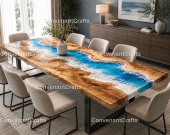 Blue Ocean Resin Dining Table – Live Edge Wood Epoxy River Table Luxury Blue Resin Dining Table Rectangular Epoxy River Dining Table