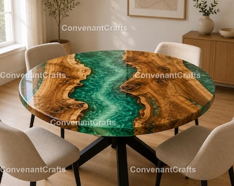 Emerald Green Epoxy River Round Dining Table | Live Edge Wood Resin Table  Round Green Epoxy River Table | Live Edge Wood Dining Table |