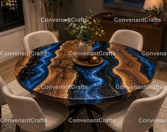 Ocean Blue Epoxy River Round Dining Table | Live Edge Wood Resin Table Round Blue Resin River Dining Table | Live Edge Walnut Epoxy Table