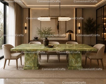Handcrafted Green Onyx Rectangular Dining Table | Luxury Stone Furniture
