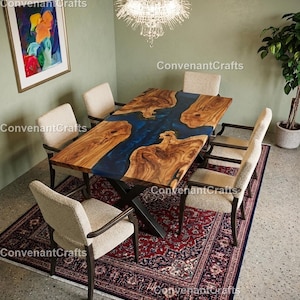 Luxury Live Edge Dining Table with Blue Epoxy Resin River ,Blue Resin River Table, Rectangular Dining Table Handmade Live Edge Wood Table