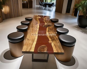 Handmade Walnut & Red Epoxy River Dining Table – Luxury Live Edge Wood Tabletop Custom Epoxy Resin River Table Deep Red Resin Dining Table