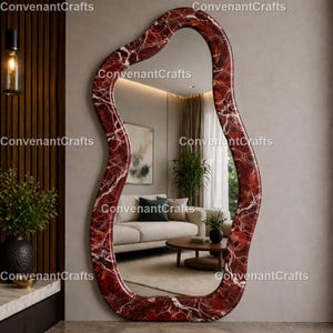手作りの赤い大理石の波型ミラー – 不規則な赤い大理石の壁掛けミラー – 不規則な赤い大理石の壁掛けミラー – 高級バーガンディ大理石ミラー