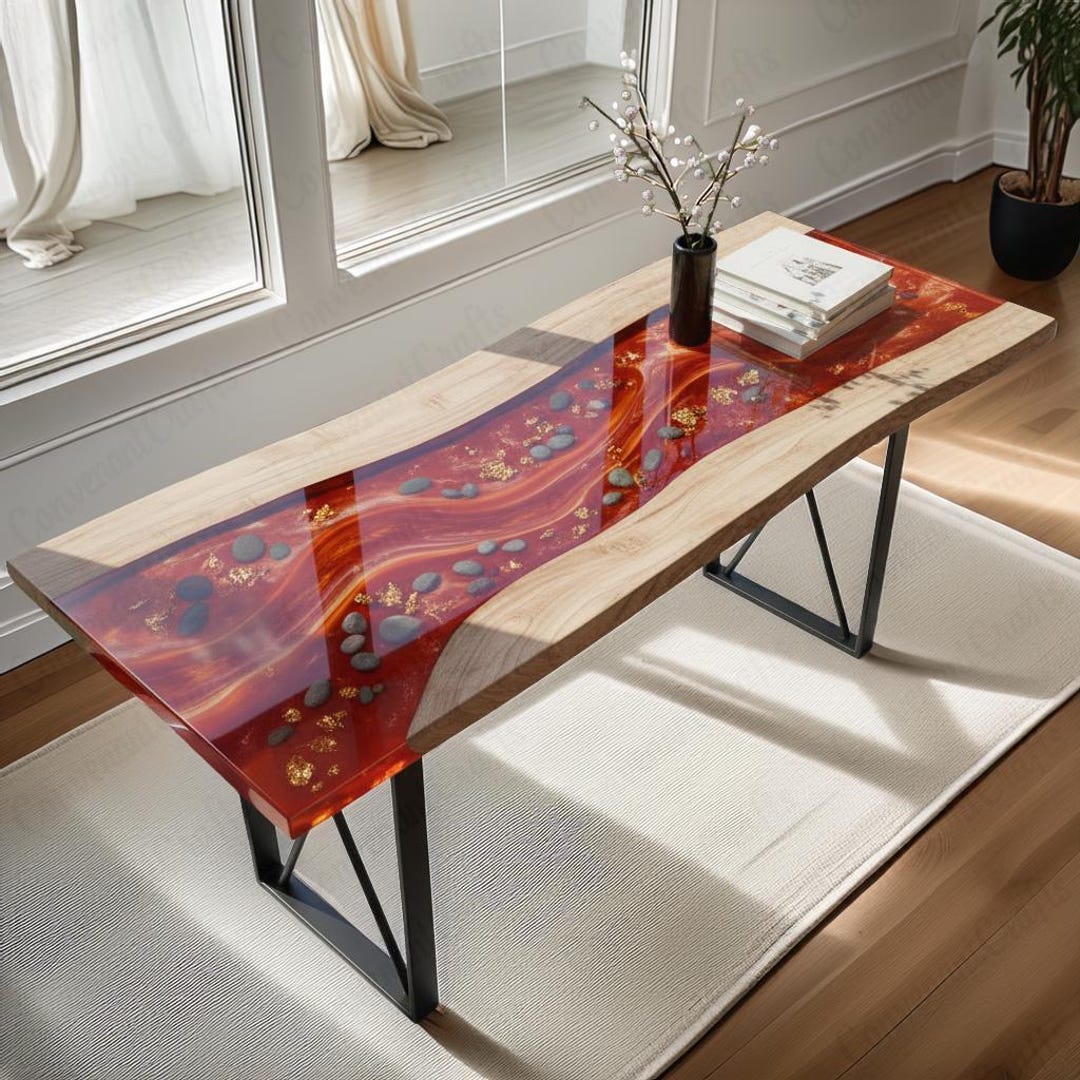 Red Console Red Epoxy River Console Table | Live Edge Wood Hallway Table | Luxury ...