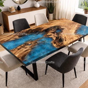 Live Edge Wood & Blue Epoxy River-eettafel Rechthoekige Blue Epoxy River-tafel Natuurlijk hout Live Edge Hedendaags statementmeubilair